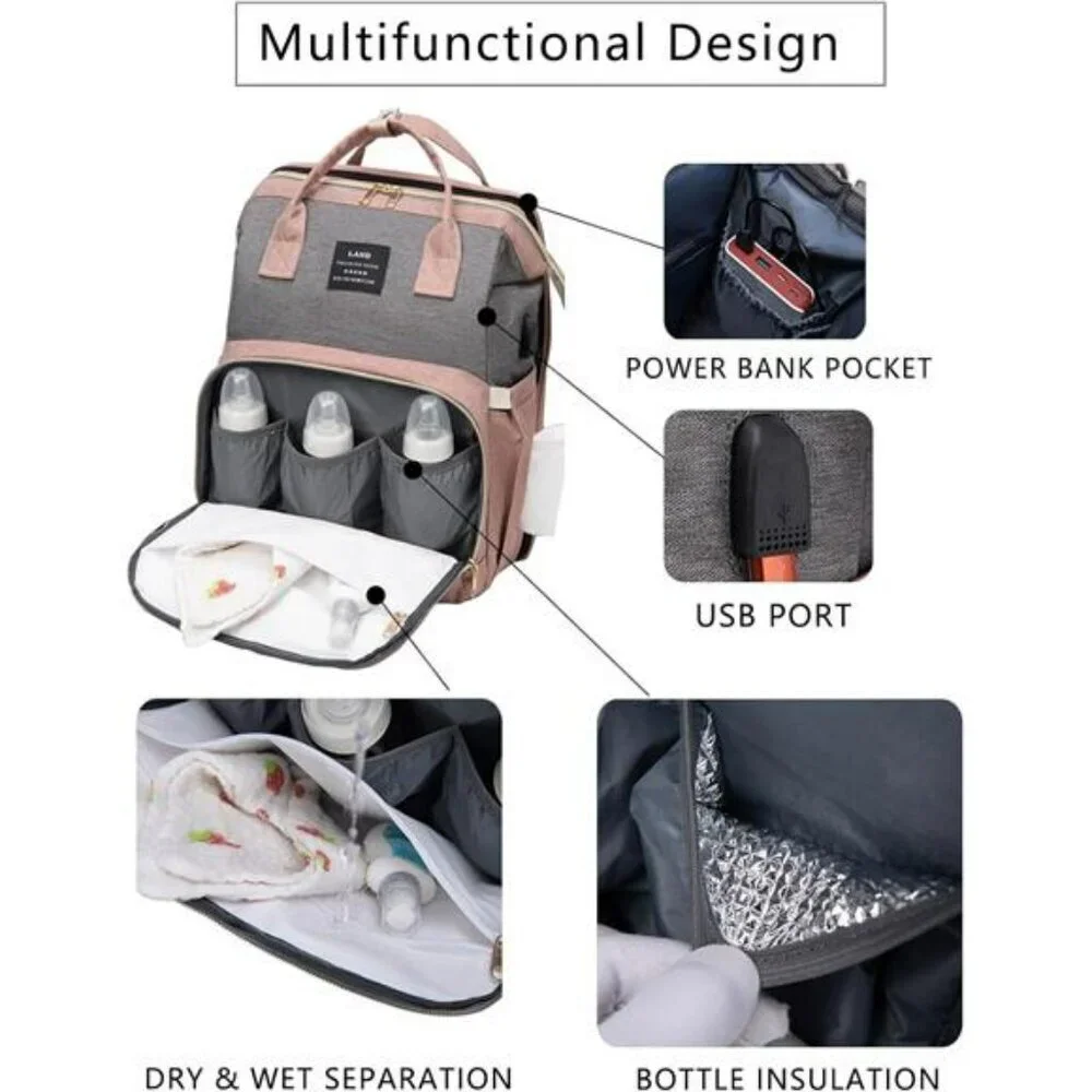 Large Diaper Bag Backpack with Changing Station Travel Baby Bag Pink for Girls
